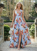A-Line Plunge Neck Sleeveless Floor-Length Satin Mother Of The Bride Dresses With Floral-Print/High Split