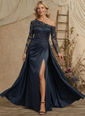 A-Line Asymmetrical Long Sleeves Floor-Length Lace/Satin Mother Of The Bride Dresses With High Split