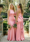 Sheath Column Scoop Neck Sleeveless Floor-Length Crepe Satin Bridesmaid Dresses With Bow