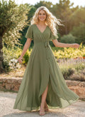 A-Line V-Neck Short Sleeves Floor-Length Chiffon Bridesmaid Dresses With Split Front