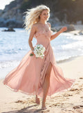 A-Line Off-The-Shoulder Sleeveless Floor-Length Chiffon Bridesmaid Dresses With Split Front Cascading Ruffles