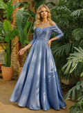 A-Line Off-The-Shoulder 3/4 Sleeves Floor-Length Satin Mother Of The Bride Dresses With Pockets Lace Rhinestone Flower(s)