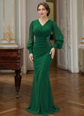 Trumpet Mermaid V-Neck Long Sleeves Sweep Train Chiffon Mother Of The Bride Dresses With Rhinestone Bubble Hem
