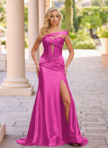 Classic Trumpet One-Shoulder Sleeveless Stretch Satin Knit Prom Dresses With High Split