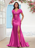 Seductive Trumpet V-Neck Sleeveless Stretch Satin Knit Bridesmaid Dresses With High Split