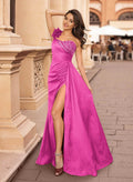 Classic One-Shoulder Stretch Satin Knit Prom Dresses With Sweeping Side Drape