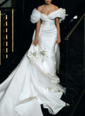 Trumpet/Mermaid Off-The-Shoulder Chapel Train Matte Satin Wedding Dresses With Bubble Hem