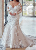 Trumpet/Mermaid V-Neck Long Sleeves Court Train Wedding Dresses Satin With Lace/Flower(s)