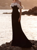 Off-The-Shoulder Trumpet/Mermaid Sleeveless Sweep Train Stretch Satin Wedding Dresses With Flowers/Shoulder Ruffle
