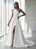 A-Line One-Shoulder Sleeveless Satin Cathedral Train Wedding Dress
