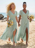 A-Line V-Neck Short Sleeves Floor-Length Chiffon Bridesmaid Dresses With Split Front Sweeping Side Drape