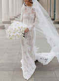 Trumpet/Mermaid High Neck Long Sleeves Court Train Lace Wedding Dresses With Back Hole