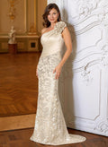 Sheath/Column One-Shoulder Sweep Train Satin Mother Of The Bride Dresses With Appliques Lace