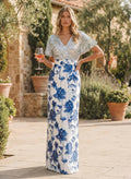 Sheath Column V-Neck Short Sleeves Floor-Length Sequined Twill Satin Mother Of The Bride Dresses With Floral-Print/Sash