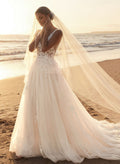 Boho A-Line V-Neck Vintage Tulle Wedding Dresses With Appliques Lace