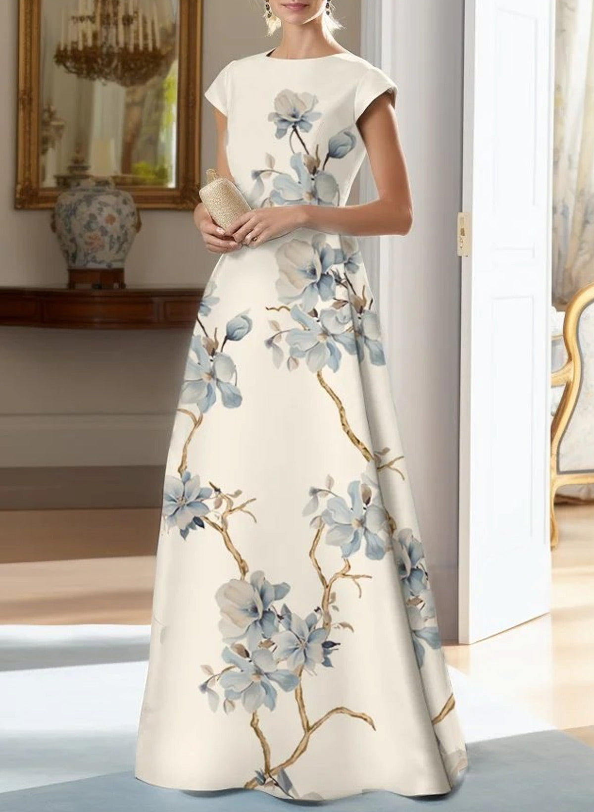 Elegant Scoop Neck A-Line Floor-Length Satin Mother Of The Bride Dresses With Floral-Print