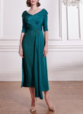 A-Line V-Neck 1/2 Sleeves Ankle-Length Crepe Satin Evening Dresses With Rhinestone