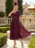 A-Line V-Neck Short Sleeves Tea-Length Chiffon Mother Of The Bride Dresses