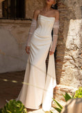 Sheath/Column Strapless Detachable Sleeves Sweep Train Elastic Satin Wedding Dresses