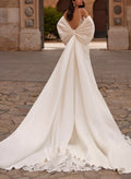 Trumpet/Mermaid Plunge Neck Sleeveless Cathedral Lace/Matte Satin Wedding Dresses With Bow(s)