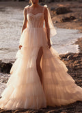 Tiered Skirt A-Line Sweetheart Sleeveless Sweep Train Tulle Wedding Dresses With High Split