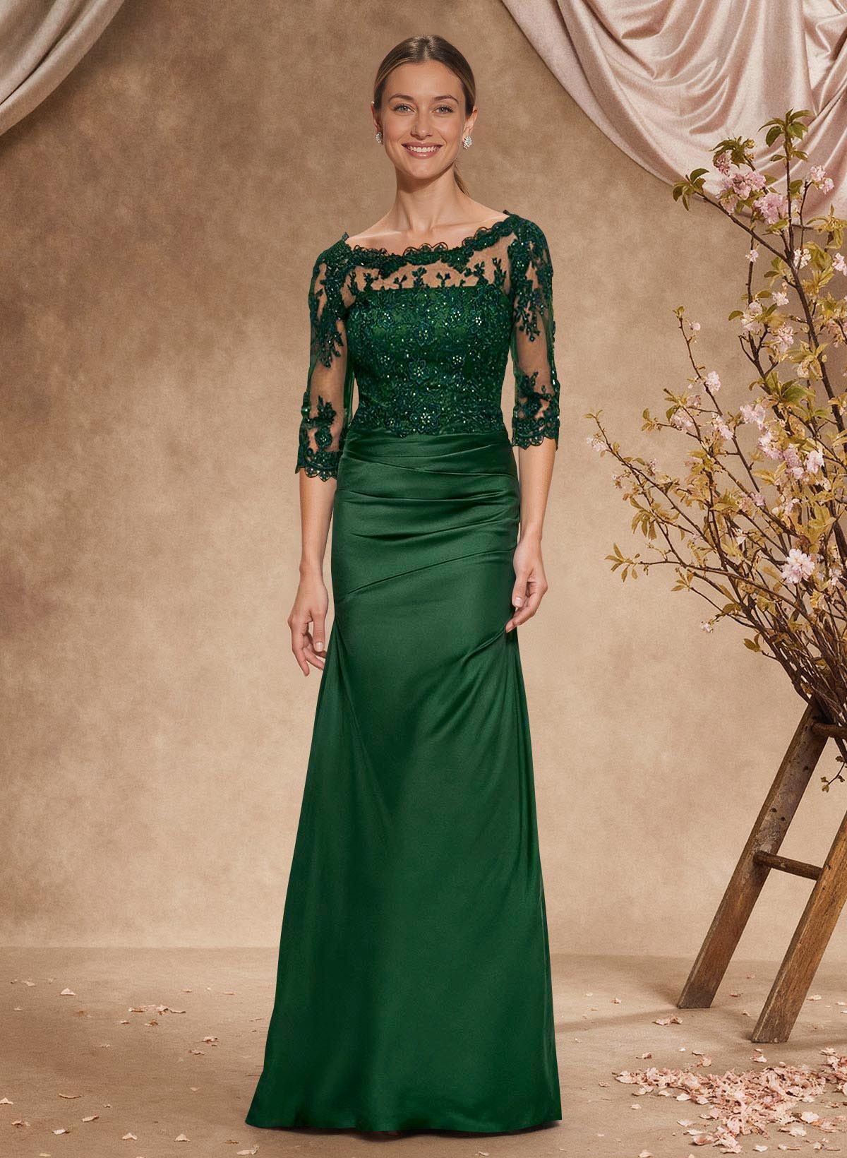 Sheath/Column Scoop Neck Silk Like Satin Mother Of The Bride Dresses With Lace