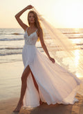 A-Line V-Neck Sleeveless Sweep Train Wedding Dresses With Split Front