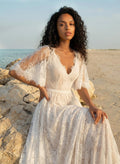 A-Line Lace V-Neck Sweep Train Wedding Dress WIth Lace