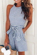 Crewneck Sleeveless Bow-knot Striped Romper