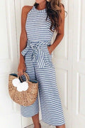 Crewneck Sleeveless Bow Knot Wide Leg Striped Jumpsuit