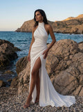 Sheath/Column Halter Sleeveless Sweep Train Matte Satin Wedding Dresses With High Split