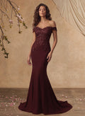 Off-The-Shoulder Elegant Elastic Satin Mother Of The Bride Dresses With Beaded Applique