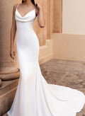 Trumpet/Mermaid Cowl Neck Sleeveless Court Train Elastic Satin Wedding Dresses