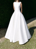 A-Line Scoop Neck Sleeveless Court Train Satin Wedding Dresses With Bow(s)