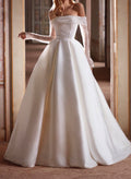 Ball-Gown Off-The-Shoulder Long Sleeves Sweep Train Twill Satin Wedding Dresses With Beading