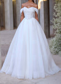 Ball-Gown Off-The-Shoulder Sleeveless Court Train Satin/Tulle Wedding Dresses With Pleated