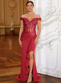 Elegant Off-The-Shoulder Illusion Corset Ruffle Split Front Sweep Train Crepe Satin Evening Dresses