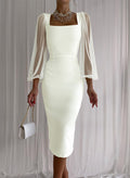 Sheath Column Square Neckline Long Sleeves Tea-Length Tulle Elastic Satin Cocktail Dresses With