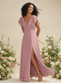 Elegant V-Neck Ruffle Short Sleeves High Split A-Line Chiffon Bridesmaid Dresses
