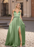 Classic A-Line V-Neck Sleeveless Spaghetti Straps Satin Prom Dresses With High Split