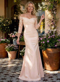Trumpet/Mermaid Off-The-Shoulder 3/4 Sleeves Floor-Length Crepe Satin Mother Of The Bride Dresses With Lace