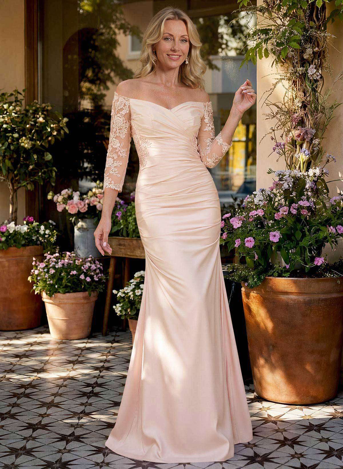 Trumpet/Mermaid Off-The-Shoulder 3/4 Sleeves Floor-Length Crepe Satin Mother Of The Bride Dresses With Lace