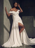 Sheath Off-The-Shoulder Court Train Satin Wedding Dresses With Detachable Train