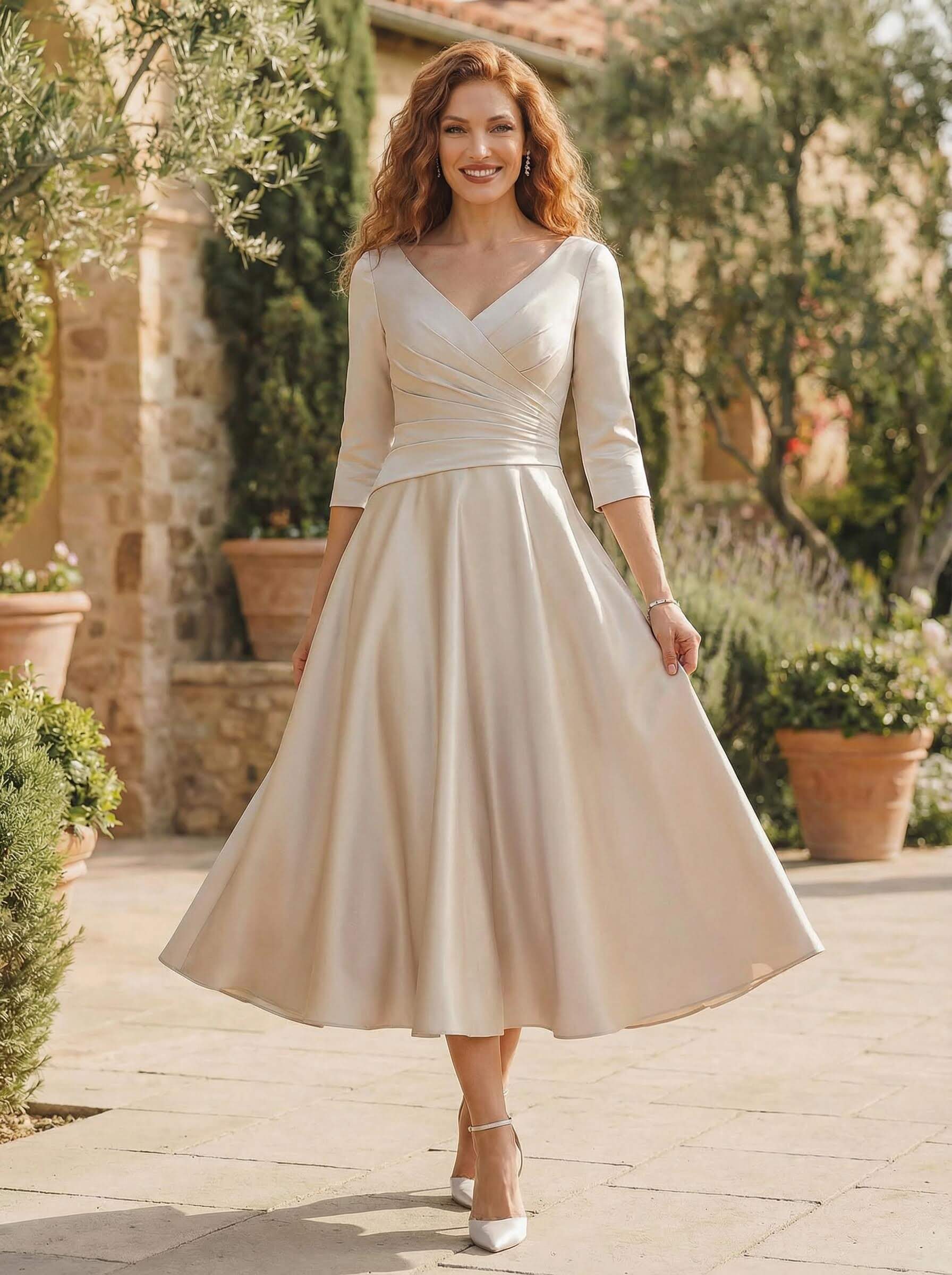 A-Line V-Neck 3/4 Sleeves Tea-Length Matte Satin(Non-Stretch) Mother Of The Bride Dresses