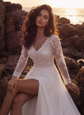 Plus Size A-Line V-Neck Court Train Chiffon Wedding Dresses With Lace/High Split