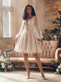 Long Sleeves V-Neck Sparkly Knee-Length Wedding Dresses