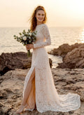 Long Sleeves Lace Open Back Wedding Dresses With Court Train