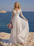 A-Line V-Neck Long Sleeves Chiffon Court Train Wedding Dress With Lace