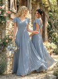 A-Line Sleeveless V-Neck Chiffon Floor-Length Bridesmaid Dress With Pleated Ruffle