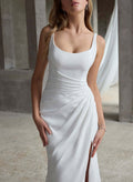 A-Line Scoop Neck Sleeveless Sweep Train Elastic Satin Wedding Dresses With High Split
